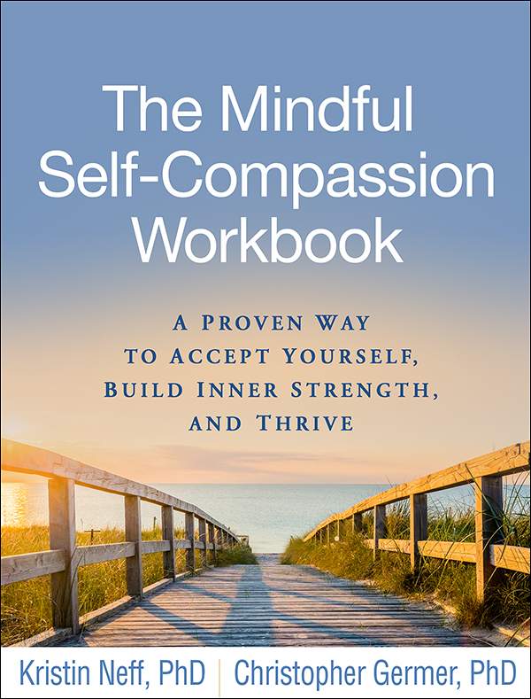 # Alt Text Book cover for "The Mindful Self-Compassion Workbook" by Kristin Neff and Christopher Germer, featuring a wooden bridge extending over water at sunset.