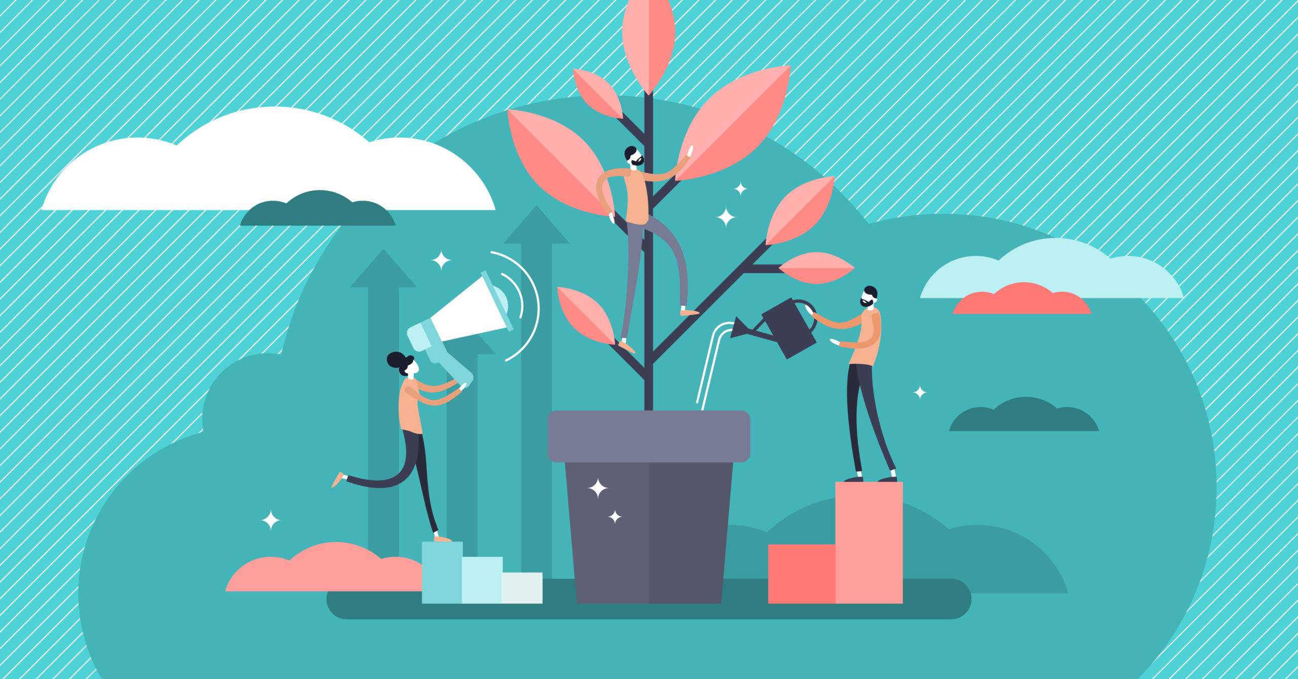# Alt Text People caring for and watering a growing plant in a pot.