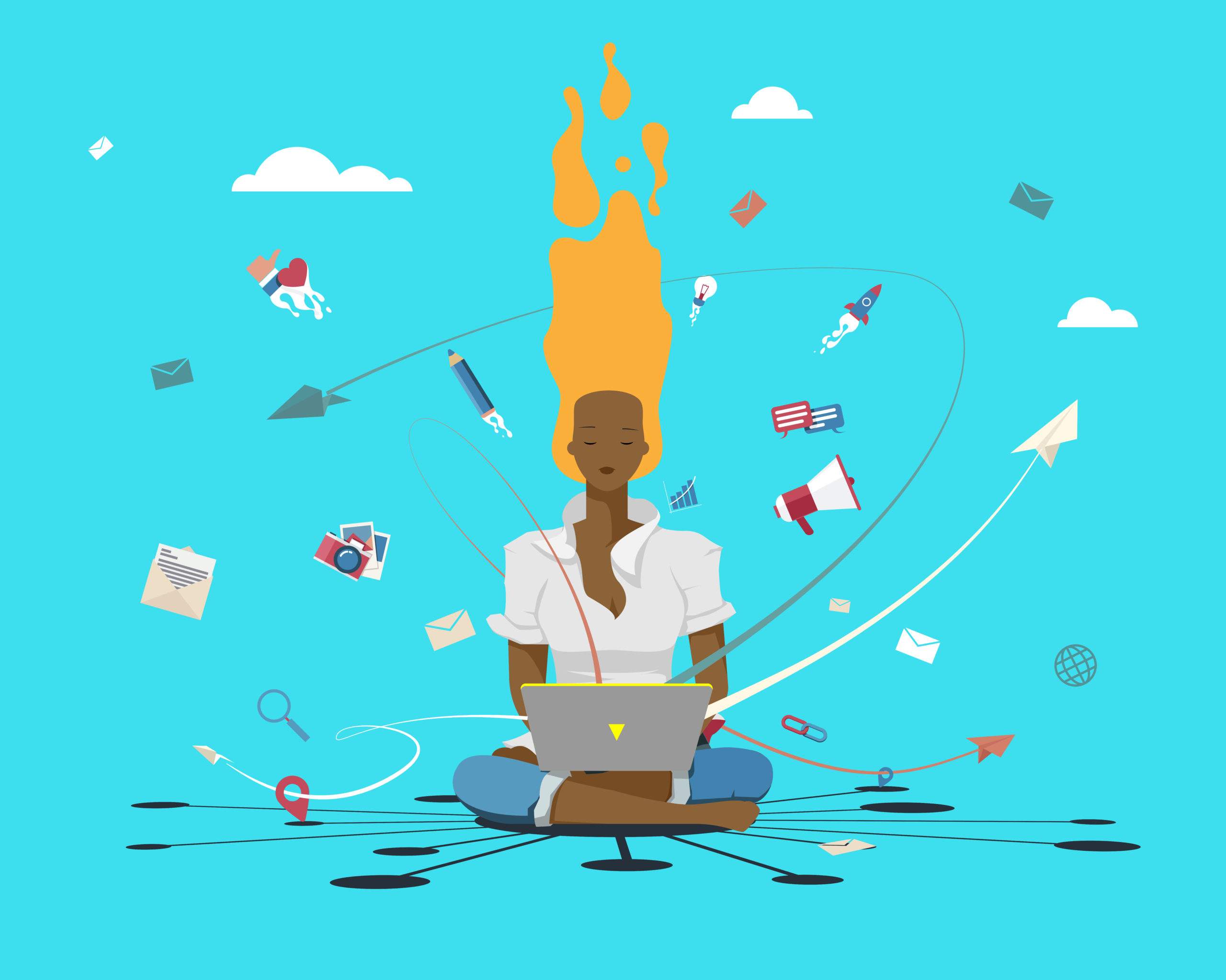 A person sitting with a laptop has a rocket launching from their head, surrounded by floating business and technology icons.