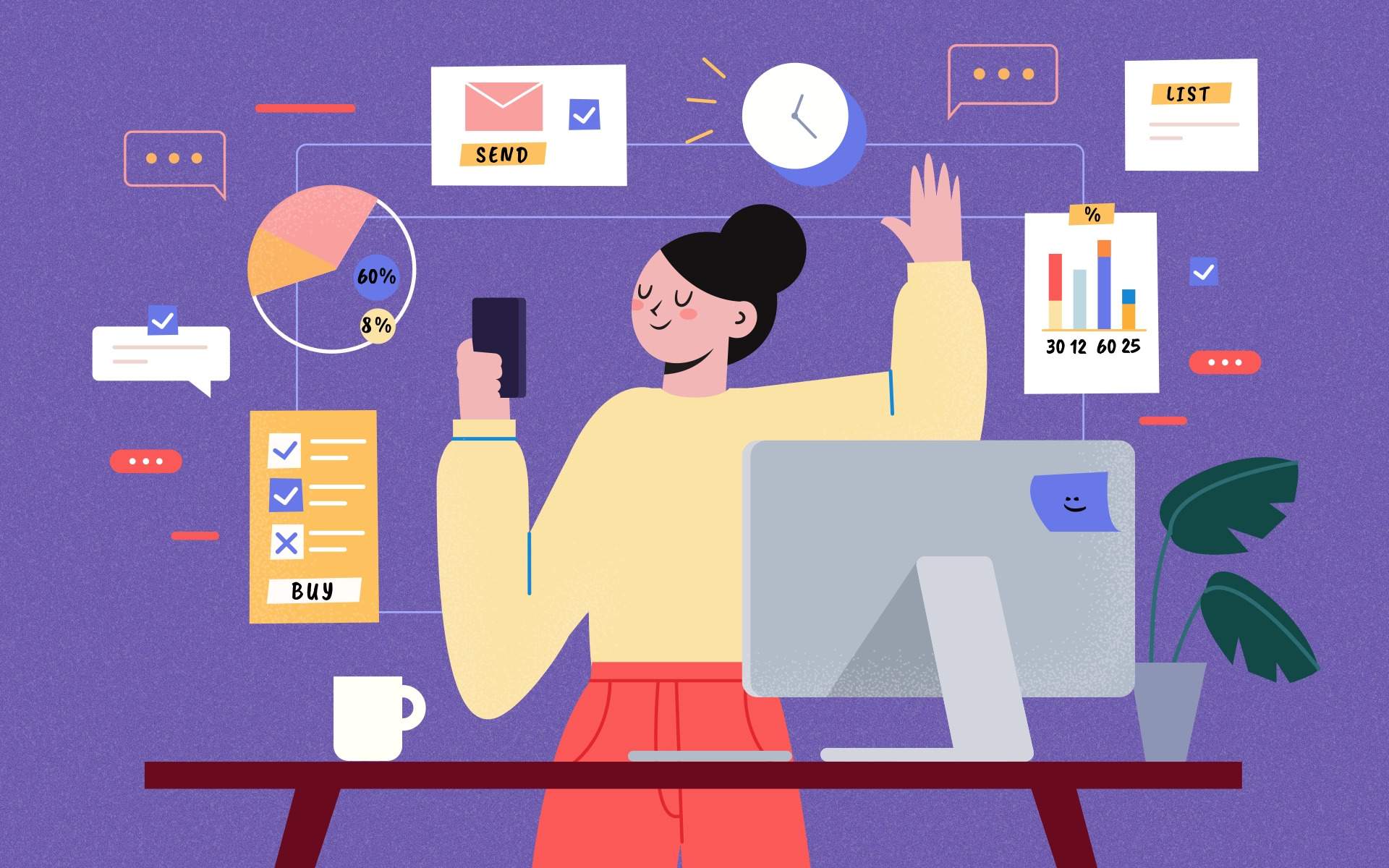 An illustrated woman stands at her desk holding a phone and raising one hand confidently, surrounded by floating icons of charts, checklists, messages, and a clock. A computer, coffee mug, and plant sit on the desk, suggesting multitasking and productivity in a colorful, modern workspace.