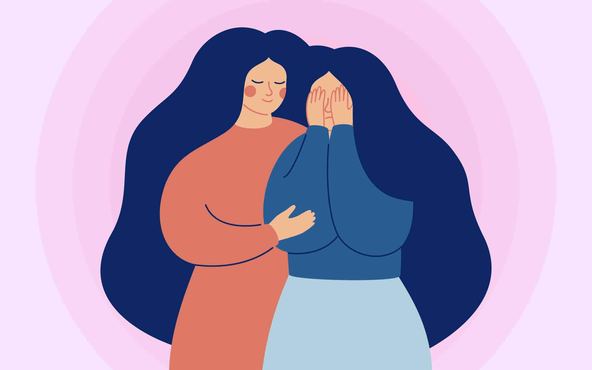 Friends and Family Support. A young woman comforting her crying best friend. The mother supports her daughter in a difficult situation.