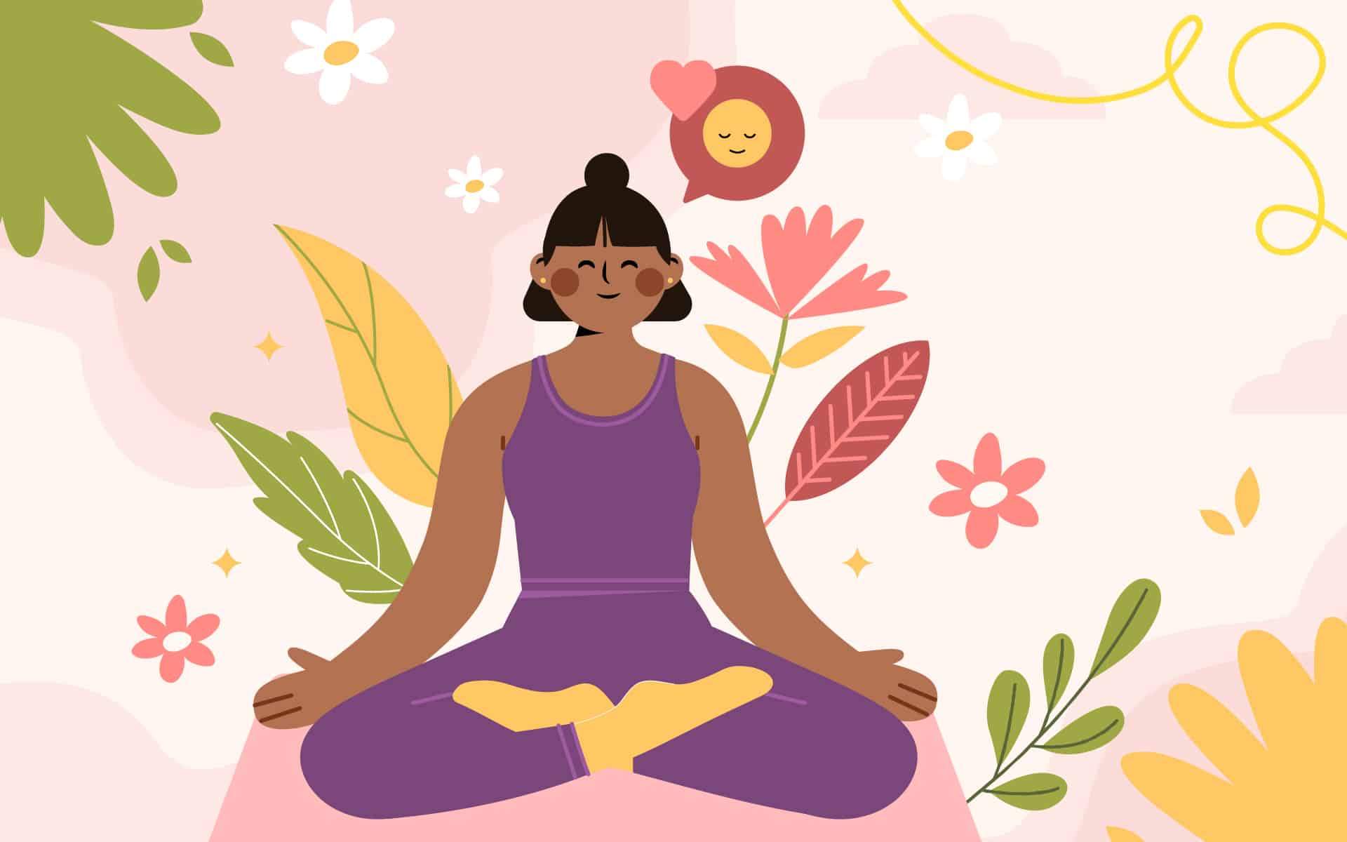 A woman meditating in lotus position with plants and flowers in the background