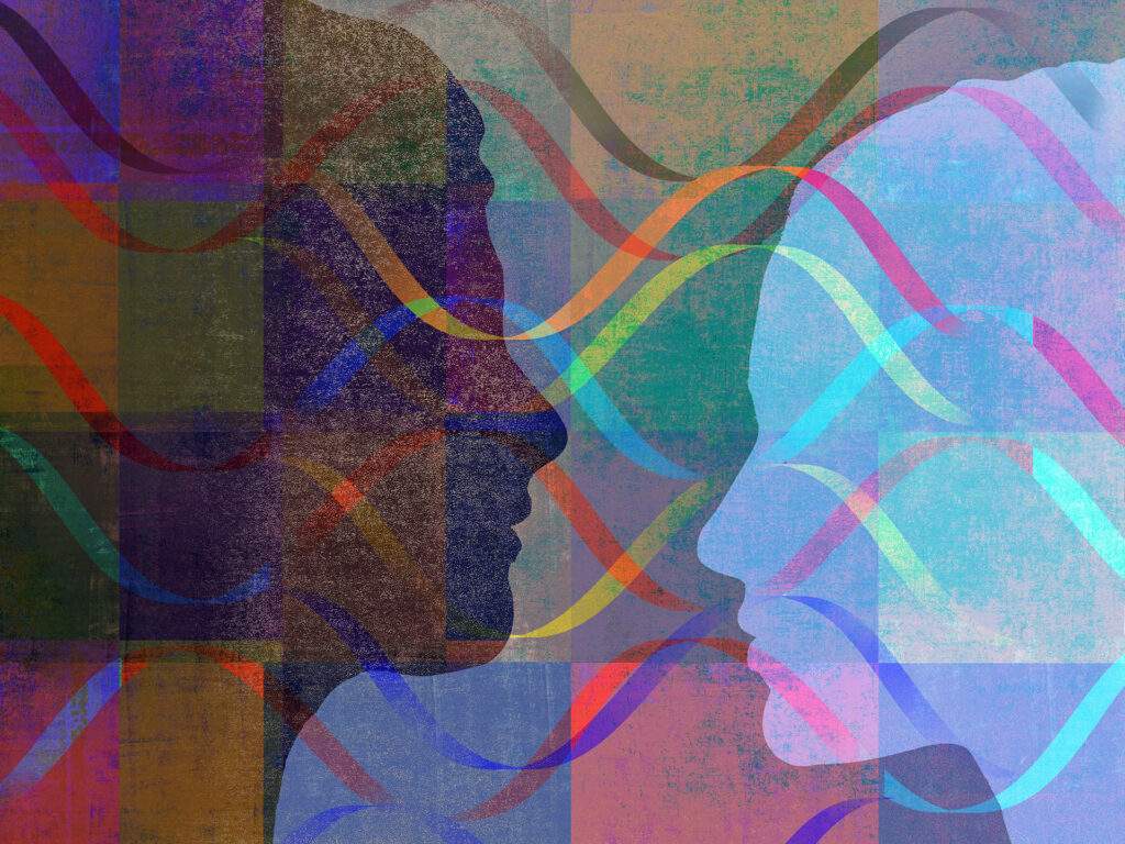 # Alt Text Abstract digital art featuring overlapping silhouettes of two human heads in profile with colorful transparent layers and geometric shapes.