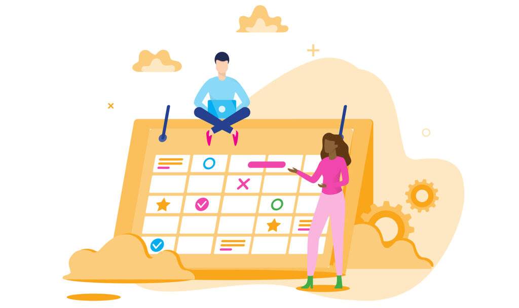 A person managing tasks on a large calendar or project planning board.