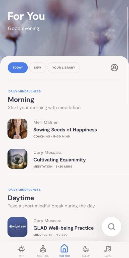 A mobile app interface showing personalized meditation and mindfulness sessions organized by time of day.