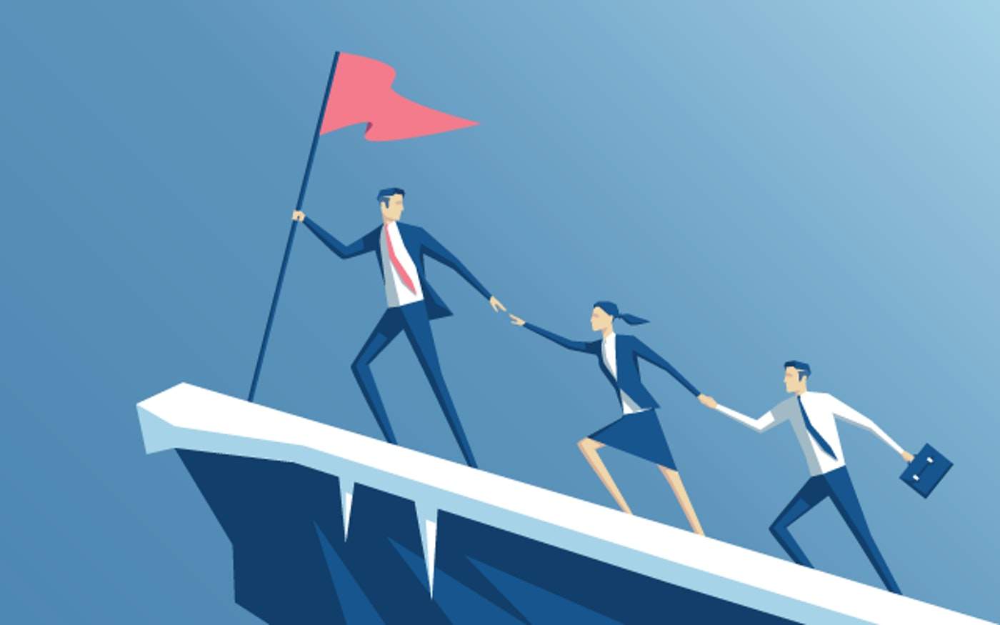 Three businesspeople climbing a mountain peak while holding a red flag.