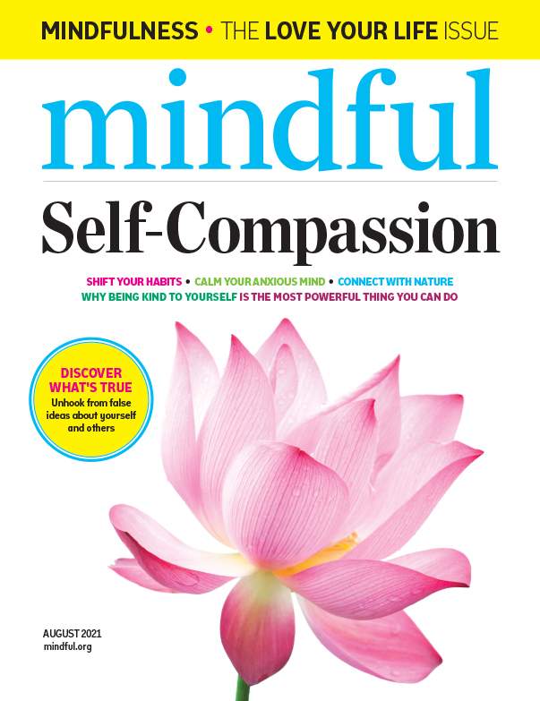 # Alt Text Magazine cover for Mindful featuring a pink lotus flower and the title "Self-Compassion."