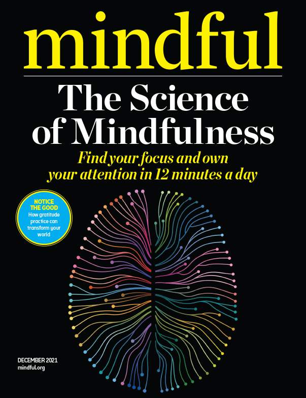 A magazine cover for "Mindful: The Science of Mindfulness" featuring a colorful brain illustration.