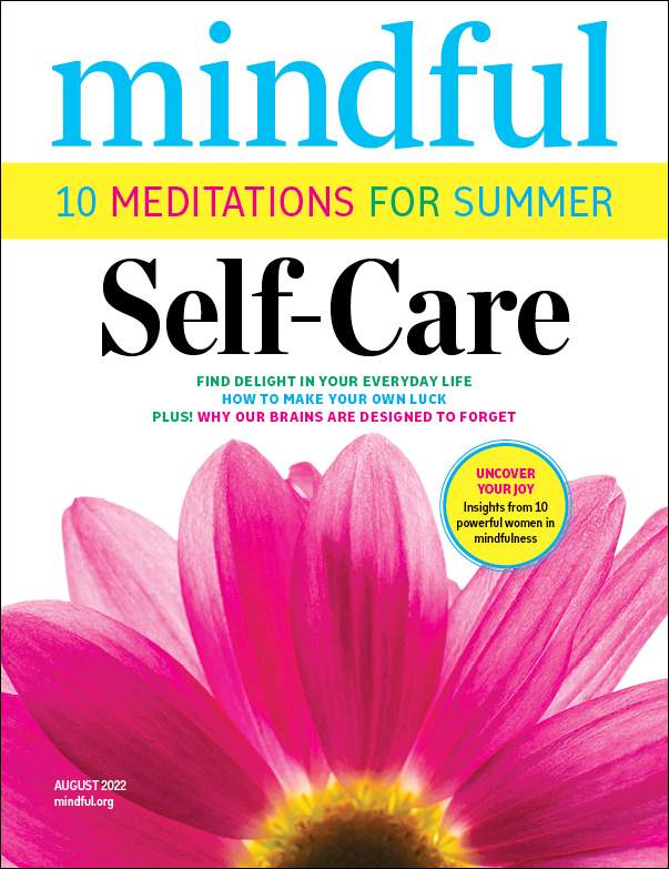 A wellness magazine cover titled "Mindful Self-Care: 10 Meditations for Summer" featuring a pink flower.