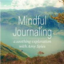 Book cover for "Mindful Journaling" by Amy Spies featuring a serene mountain lake landscape.