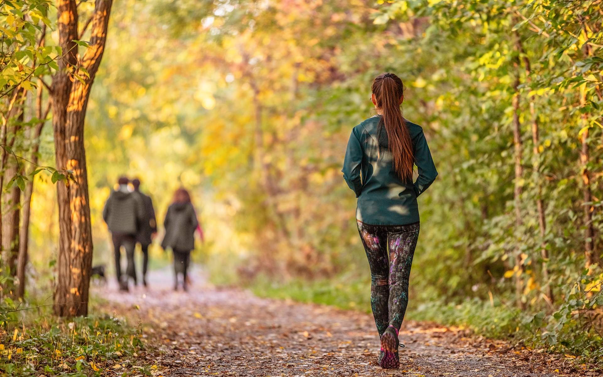 A Guided Walking Meditation to Connect with Your Senses - Woman walking in autumn forest nature path walk on trail woods background. Happy girl relaxing on active outdoor activity