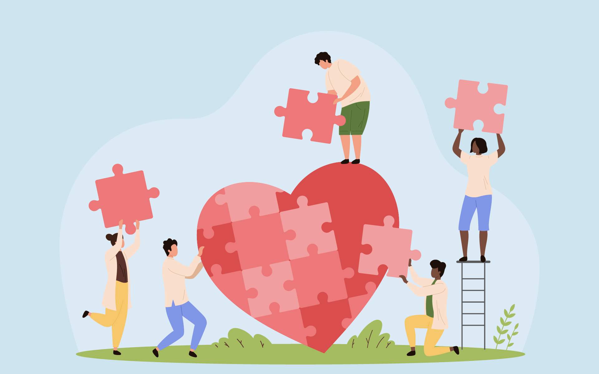 Illustration of a big heart puzzle with five people all assembling the pieces