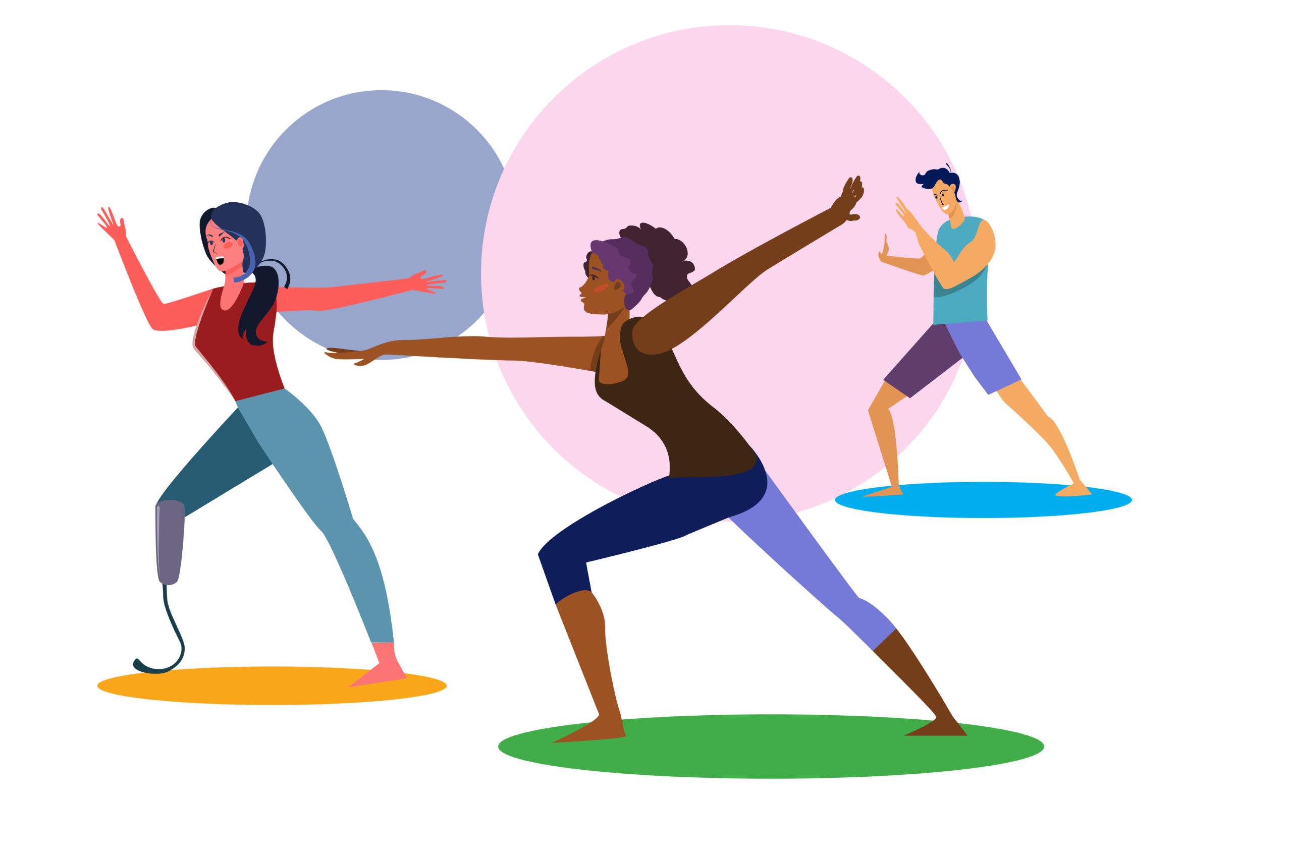 Three people surfing on different colored platforms while striking dynamic poses.