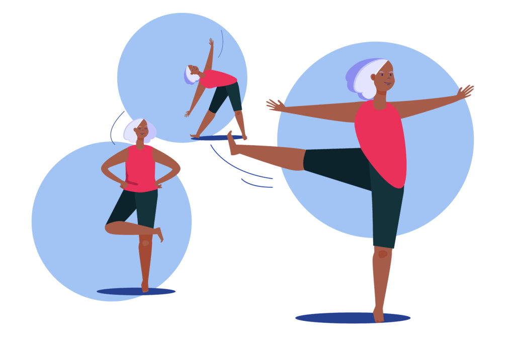 Three people performing different yoga or fitness poses.