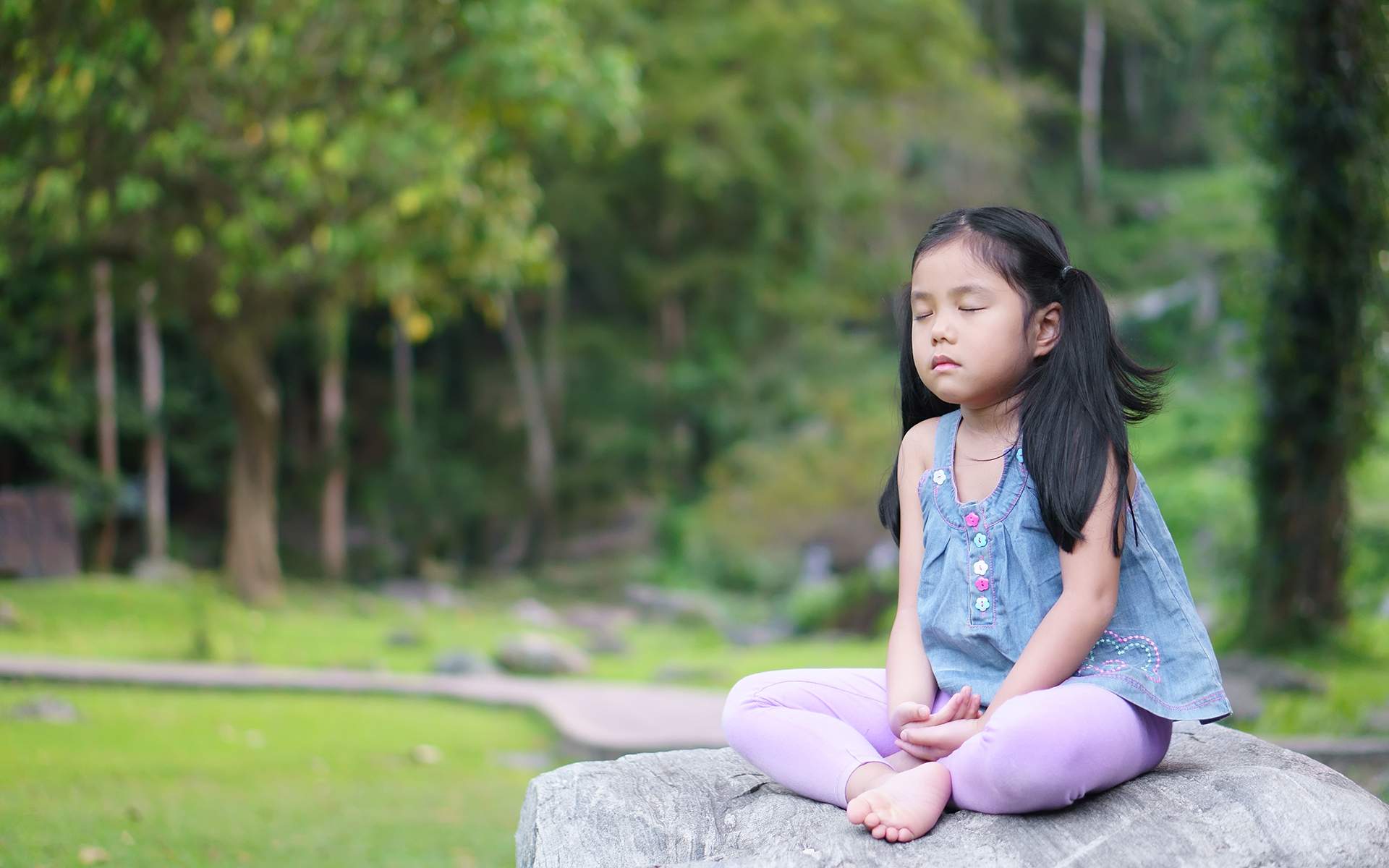 Asian child cute or kid girl close eye mindfulness meditating with breath and sit on stone or rock for peace and relax or yoga on nature green garden and tree at temple park or church outdoor