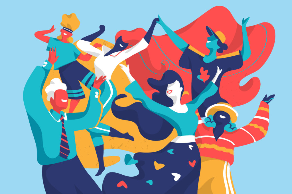 # Alt Text Colorful illustration of diverse people celebrating and jumping together with confetti and decorative elements.