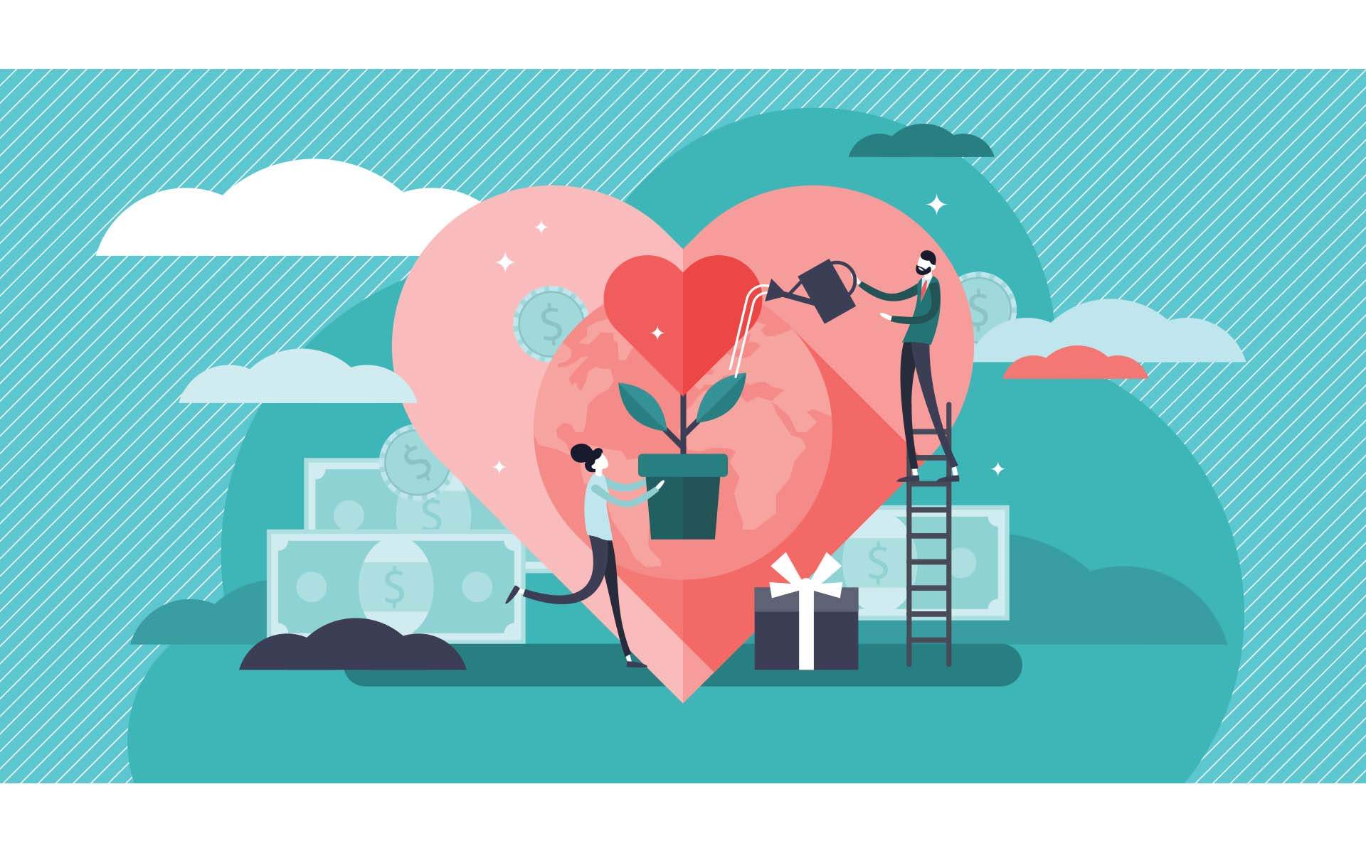 the gift of Loving-Kindness_Illustration of two people watering a plant with a heart flower