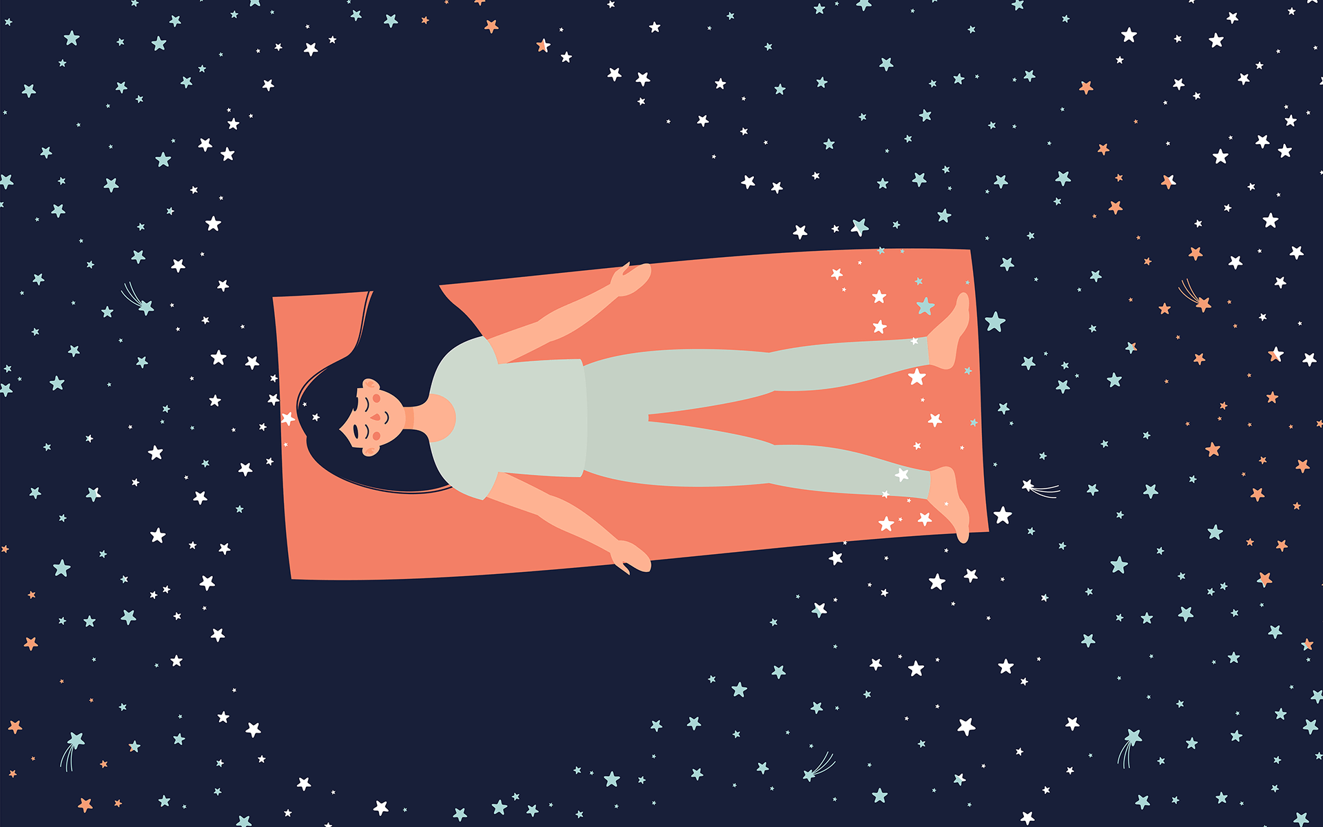 A 12-Minute Meditation to Rest Your Body in Gratitude—A woman lies on a pink yoga mat with a dark blue background behind and stars in the shape of a heart around her.