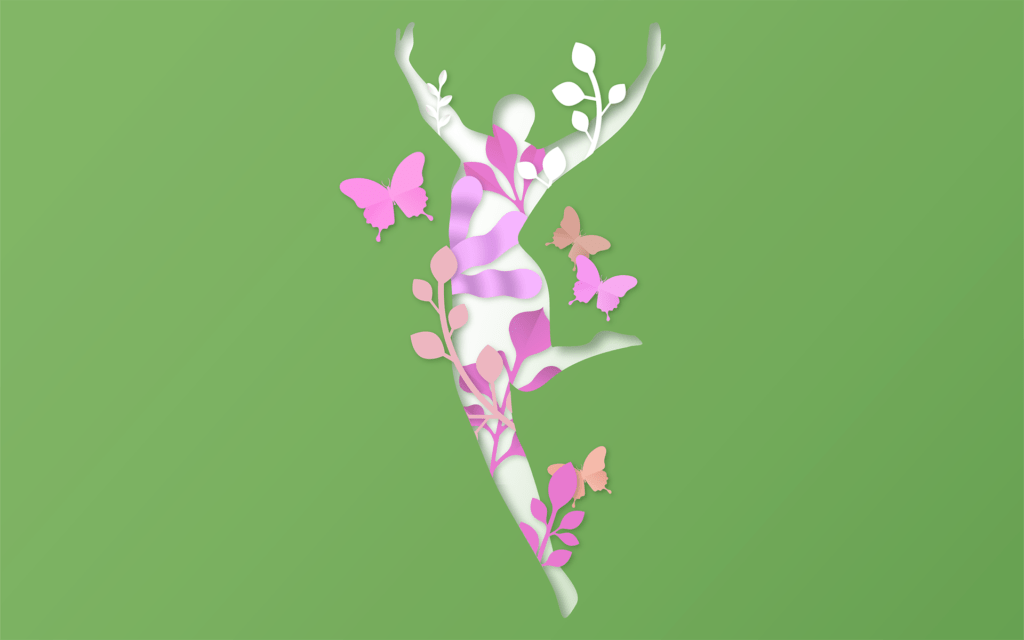 Pink and white flowers arranged vertically against a green background.