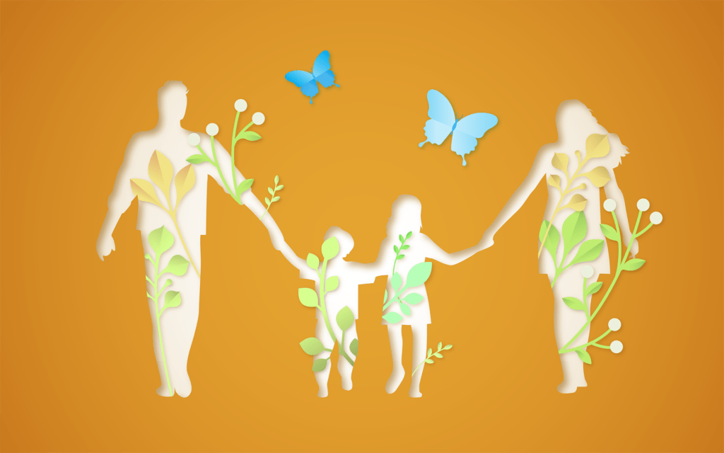 A glowing family of four holding hands with butterflies on an orange background.