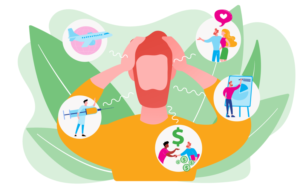 A person surrounded by icons representing different aspects of personal finance and money management.