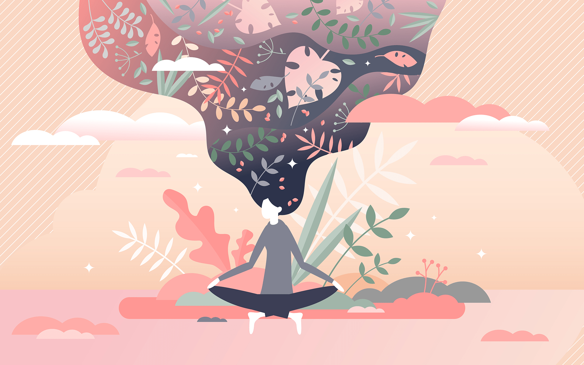 How to Regain Focus When Your Mind Wanders—Illustration of a woman meditating in a pink background depicting nature and her black hair flows upwards with flowers, leaves, etc. in it.