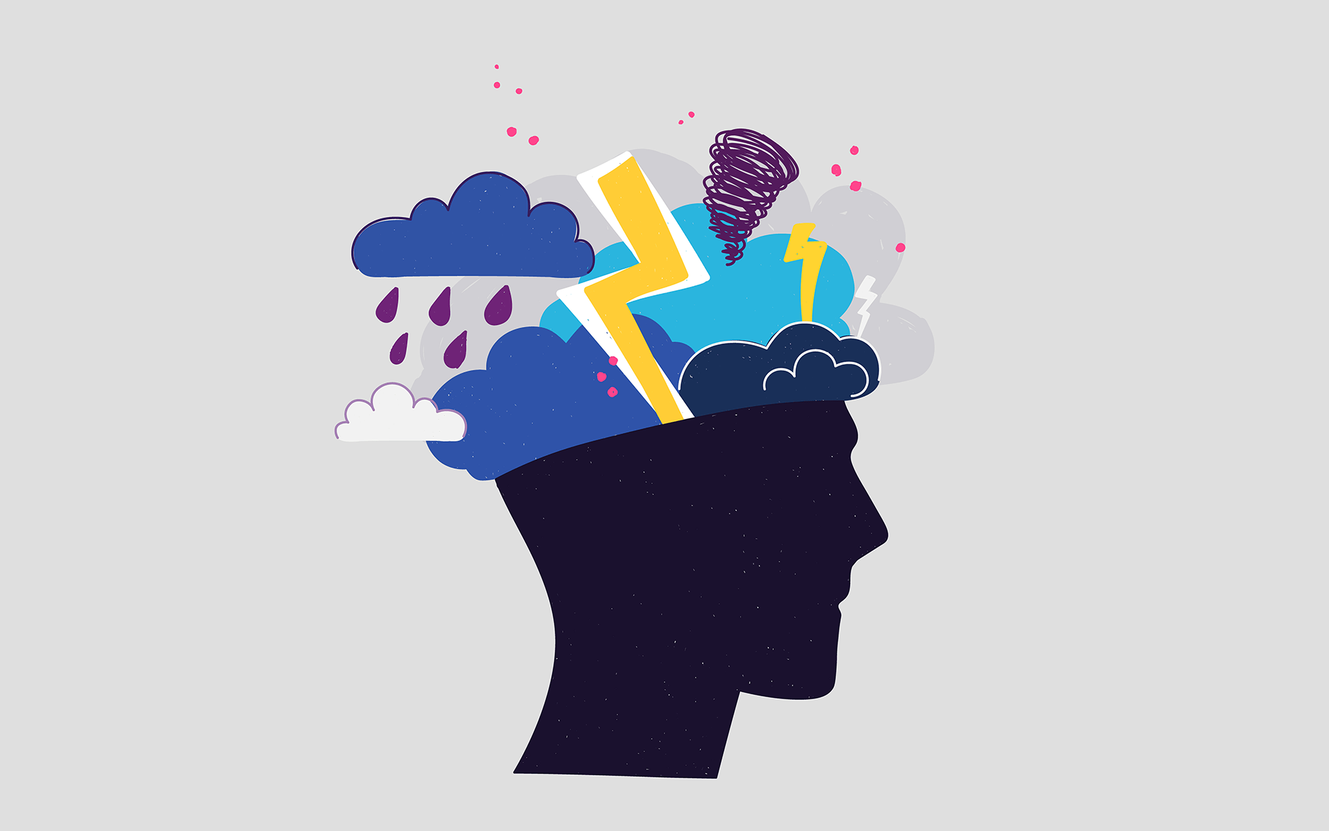 Illustration of the silhouette of a head with a storm replacing the top part of the head. navigate tough moments