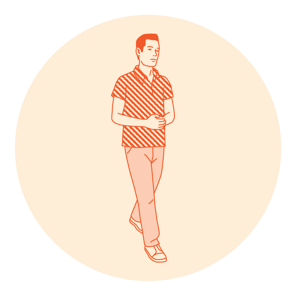 A man jogging in a striped shirt and shorts.
