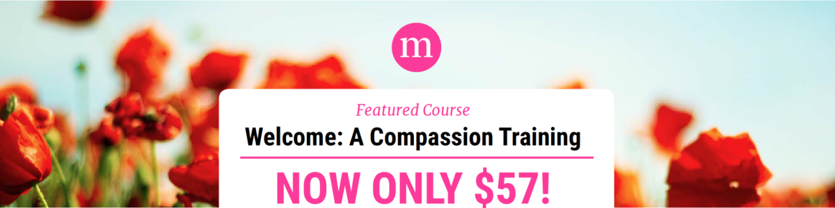 A promotional banner advertising a compassion training course for $57 with red flowers in the background.