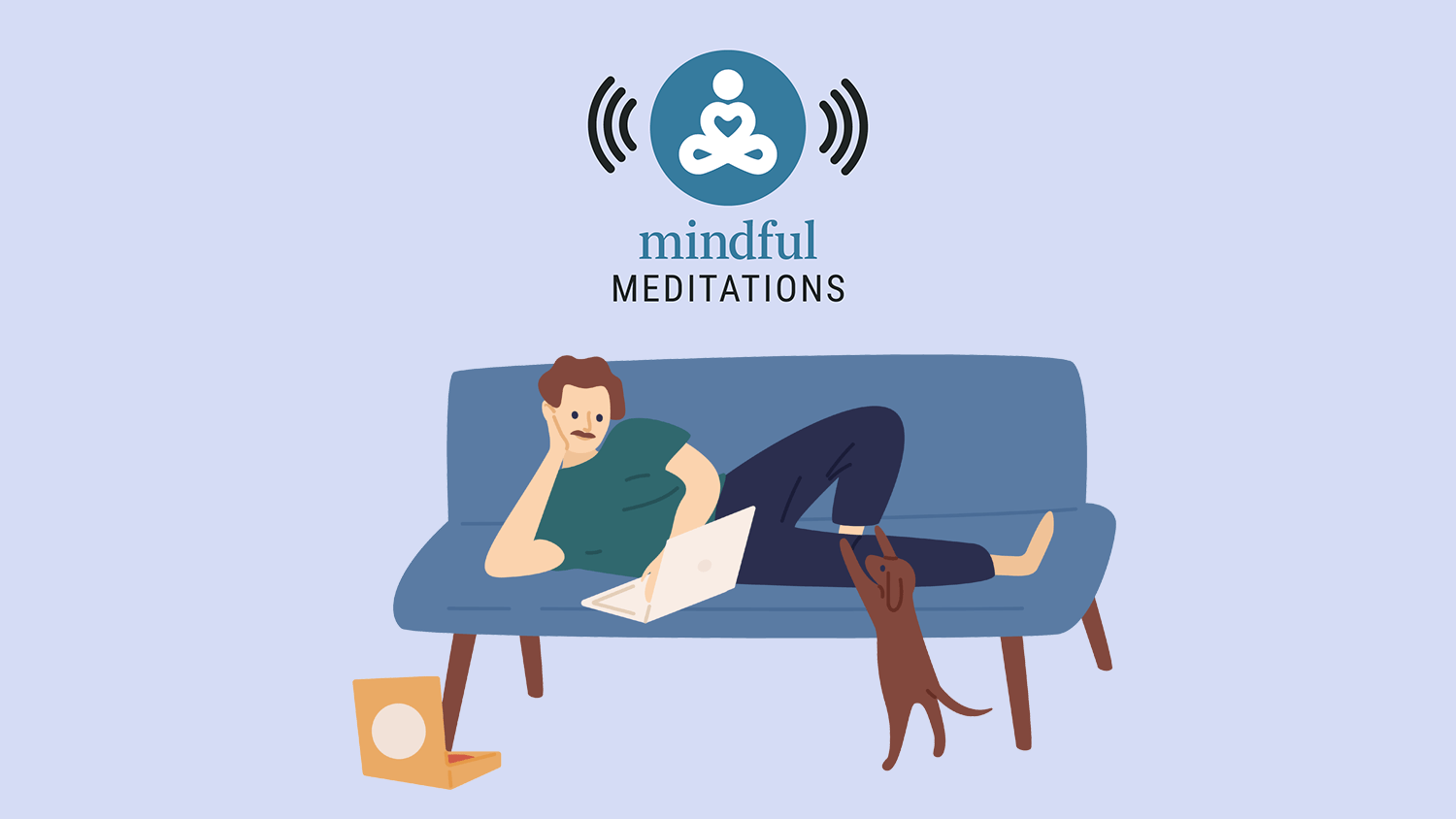 A person sitting on a couch practicing mindful meditation with a dog nearby.