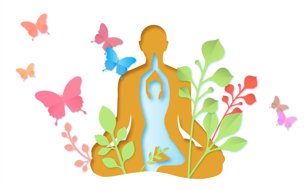 A golden figure in a meditation pose surrounded by green plants and colorful butterflies.