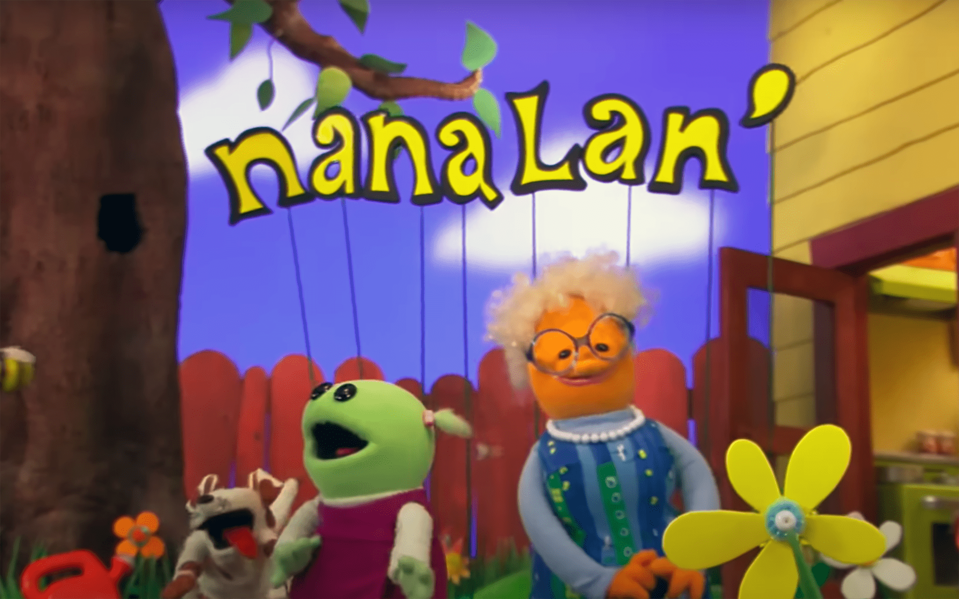Modeling Mindfulness: Nanalan' Shows Kids (and Adults) How Mindfulness Looks and Feels—Screen grab from the Nanalan' opening sequence with Mona and Nana outside in the garden.