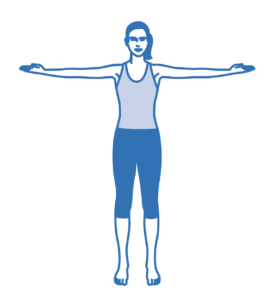 A woman standing with arms outstretched to the sides.