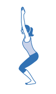 A woman performing an overhead tricep exercise with one arm raised behind her head.