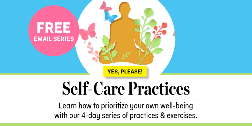 A woman meditating with text promoting a free email series on self-care practices.