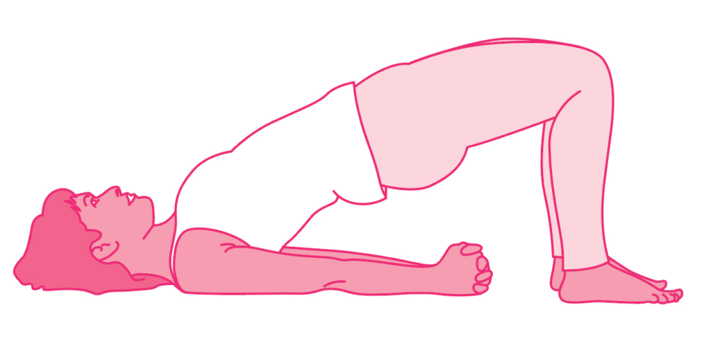 # Alt text: A person lying on their back performing a bridge yoga pose with one leg extended upward.