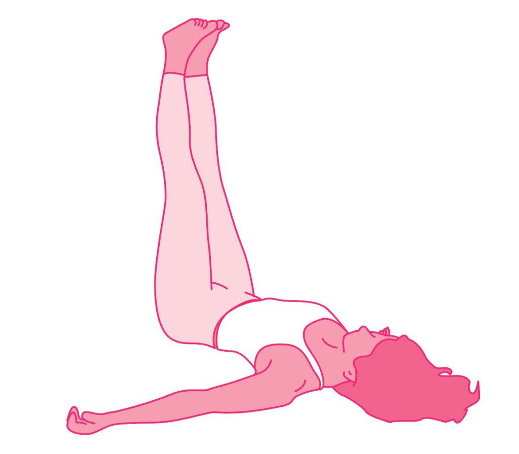 A person lying on their back with one leg raised up in the air.