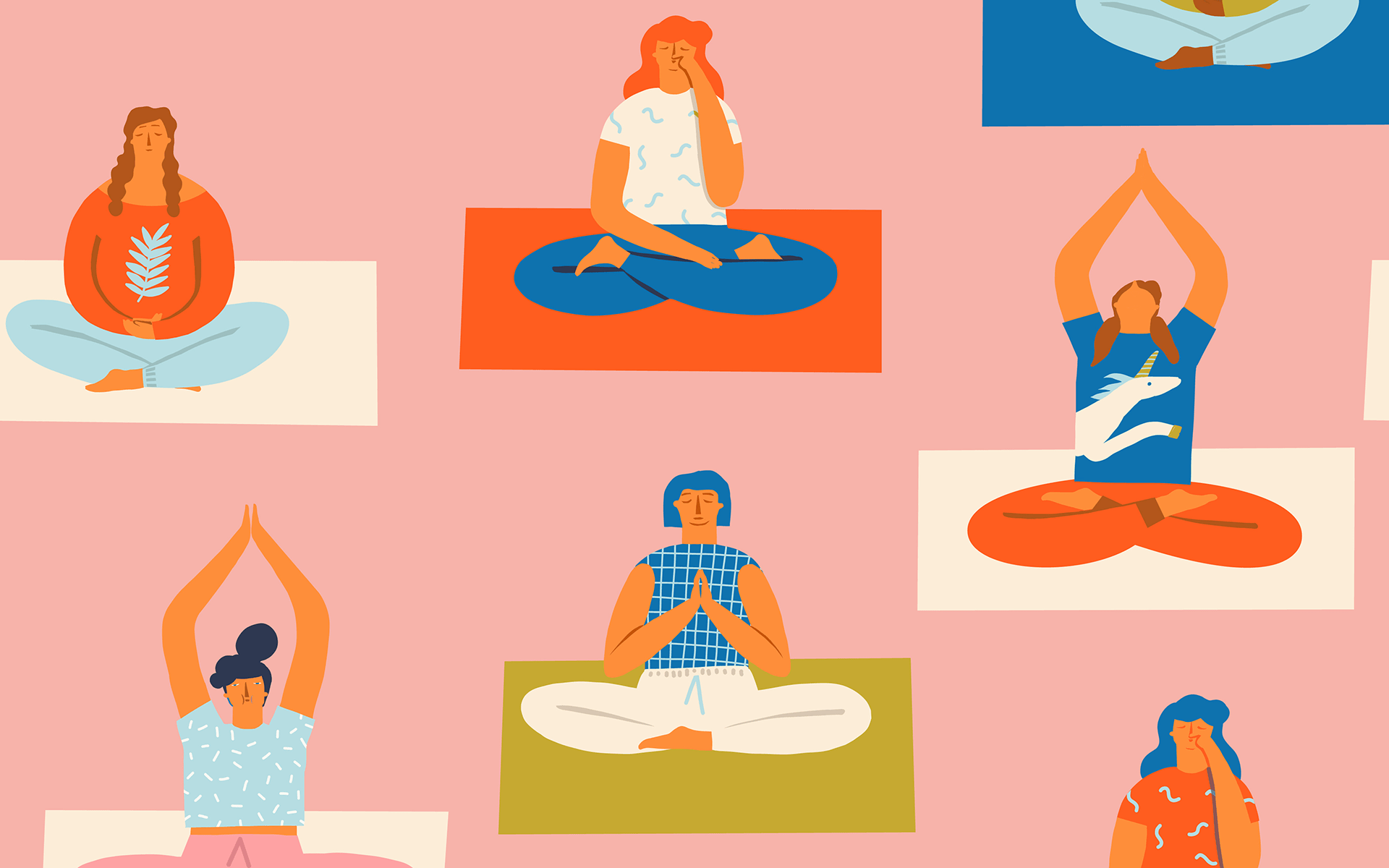 Seamless illustrated pattern of people practicing yoga and meditation in various poses over a pink background.